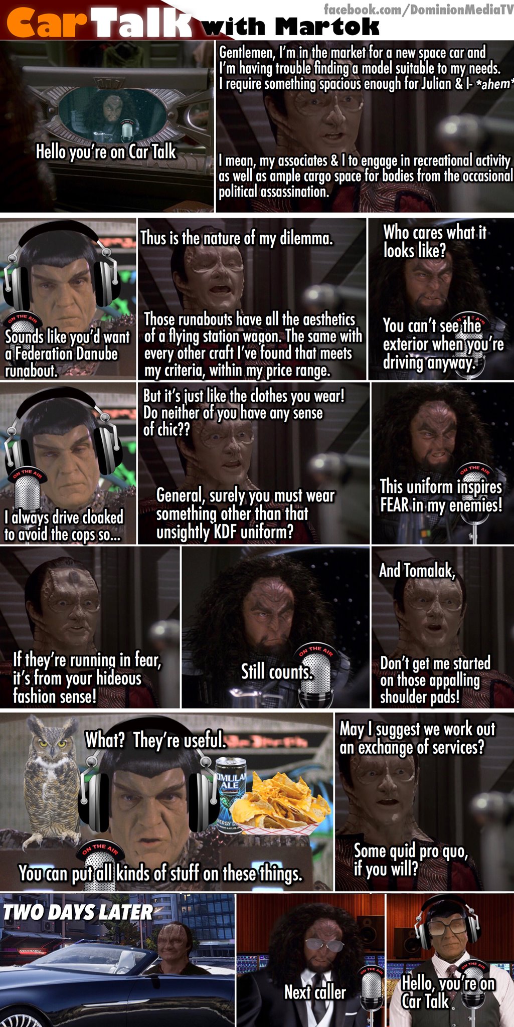 The meme is a screenshot of a TV show or movie where a character (Spock from Star Trek) is being interviewed on a radio show called "Car Talk". The character says "Fascinating" and then the host asks him to describe a situation where he had to "get into" his car, and Spock responds with a dry, logical answer.